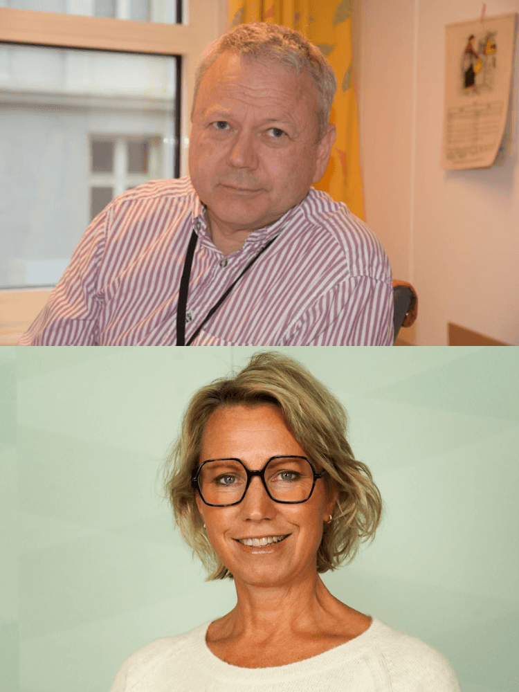 En mann i stripete skjorte sitter ved et vindu, og en kvinne med briller og kort, blondt hår smiler til kameraet mot en grønn bakgrunn.