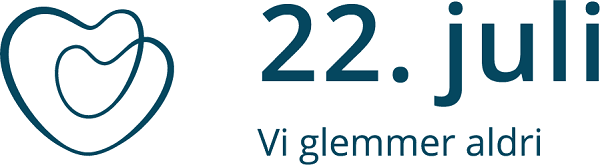 Ved siden av teksten 22. juli er det et stilisert hjerteomriss med et mindre hjerte inni, og under står det Vi glemmer aldri.