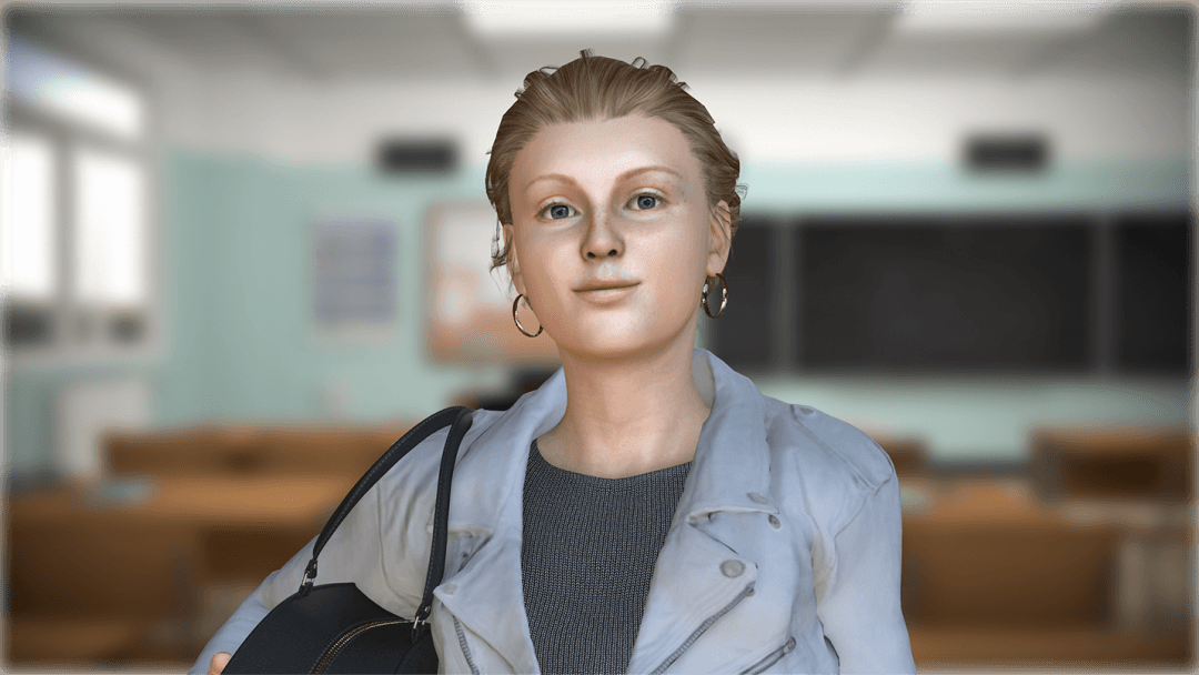 En 3D-rendert kvinne med kort, lysebrunt hår, øreringer og en lysegrå jakke står i et klasserom og holder en svart veske over skulderen. I bakgrunnen ser vi pulter, stoler og en tavle.