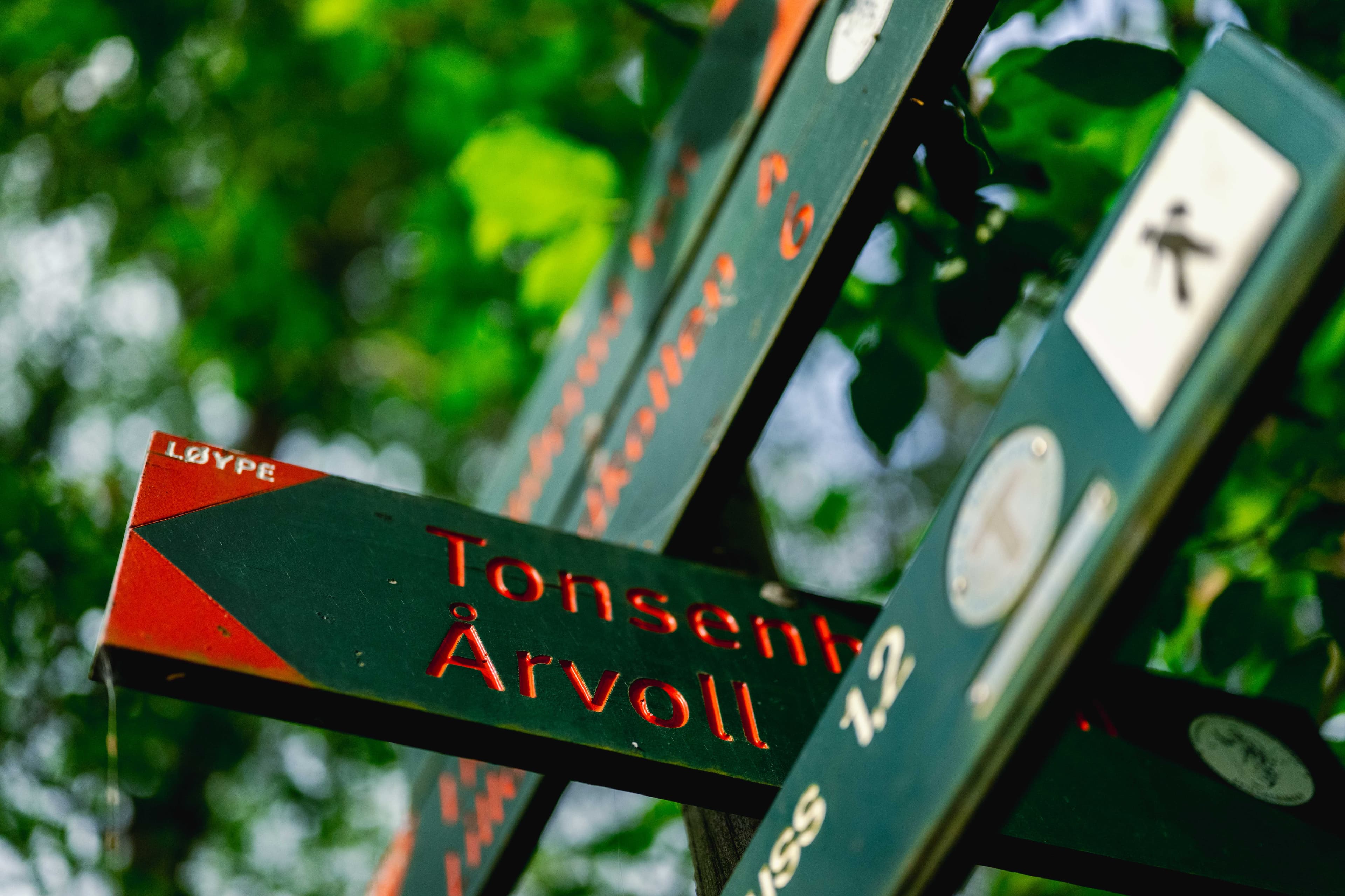 Nærbilde av grønne og røde løypeskilt med norsk tekst, deriblant Tonsenti og Årvoll, omgitt av grønne blader og uskarpt løvverk i bakgrunnen.