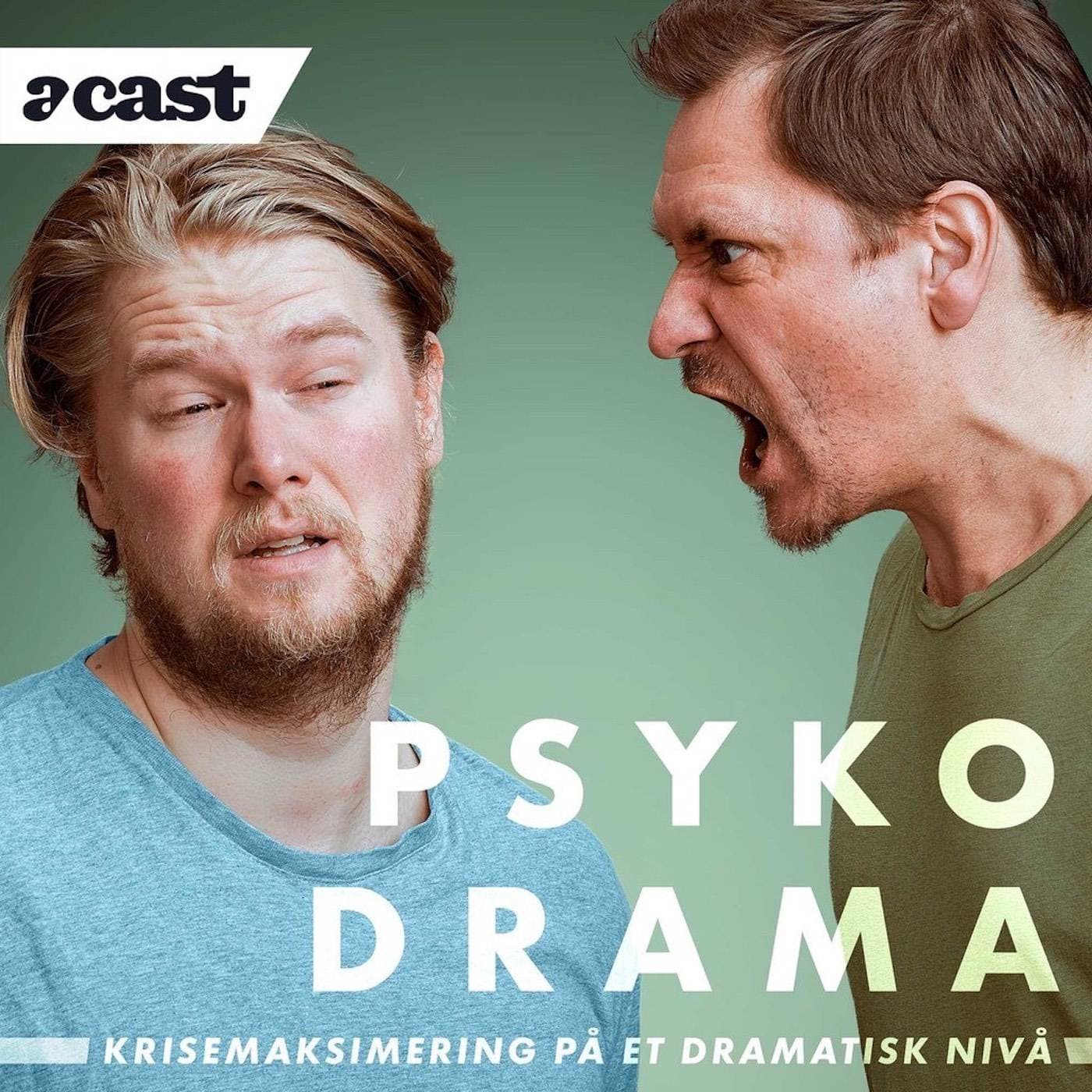 To menn står overfor hverandre; den ene ser likegyldig ut med halvlukkede øyne, mens den andre roper sint til ham. Teksten lyder Psykodrama og Krisemaksimering på et dramatisk nivå.