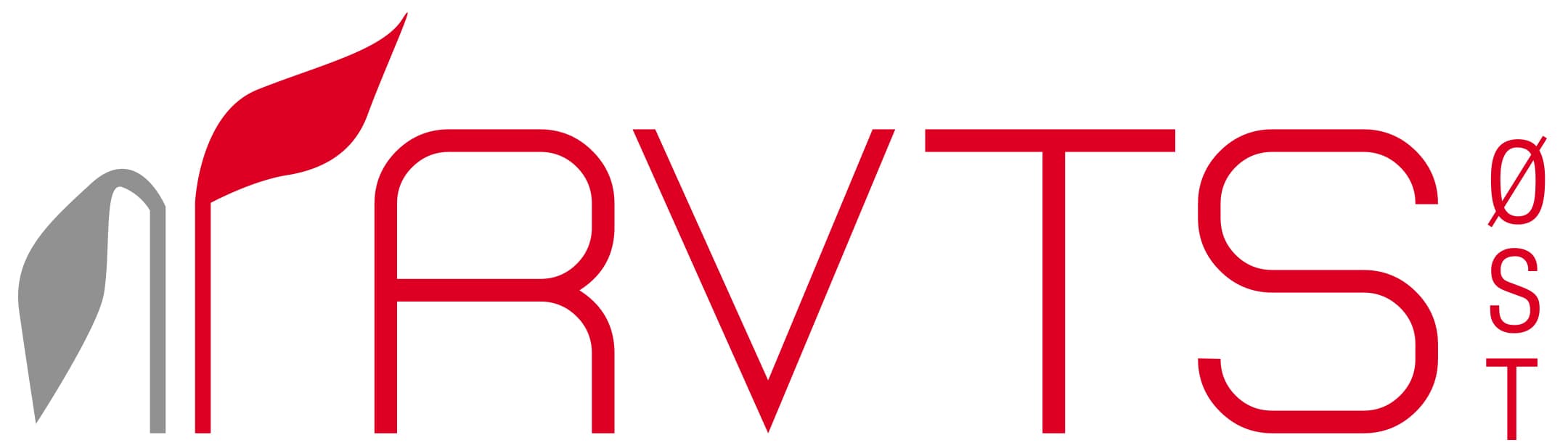 Logo for RVTS Øst med stiliserte røde bokstaver RVTS, et grått og rødt bladdesign til venstre og mindre røde bokstaver øst vertikalt justert på høyre side.