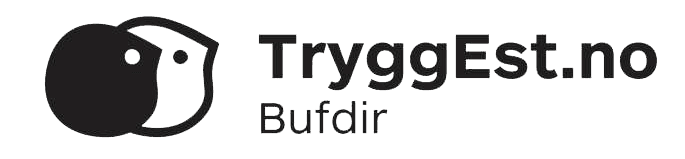 Logo med to stiliserte ansikter som overlapper hverandre, ett svart og ett hvitt, ved siden av teksten TryggEst.no og Bufdir i svarte bokstaver på lys bakgrunn.