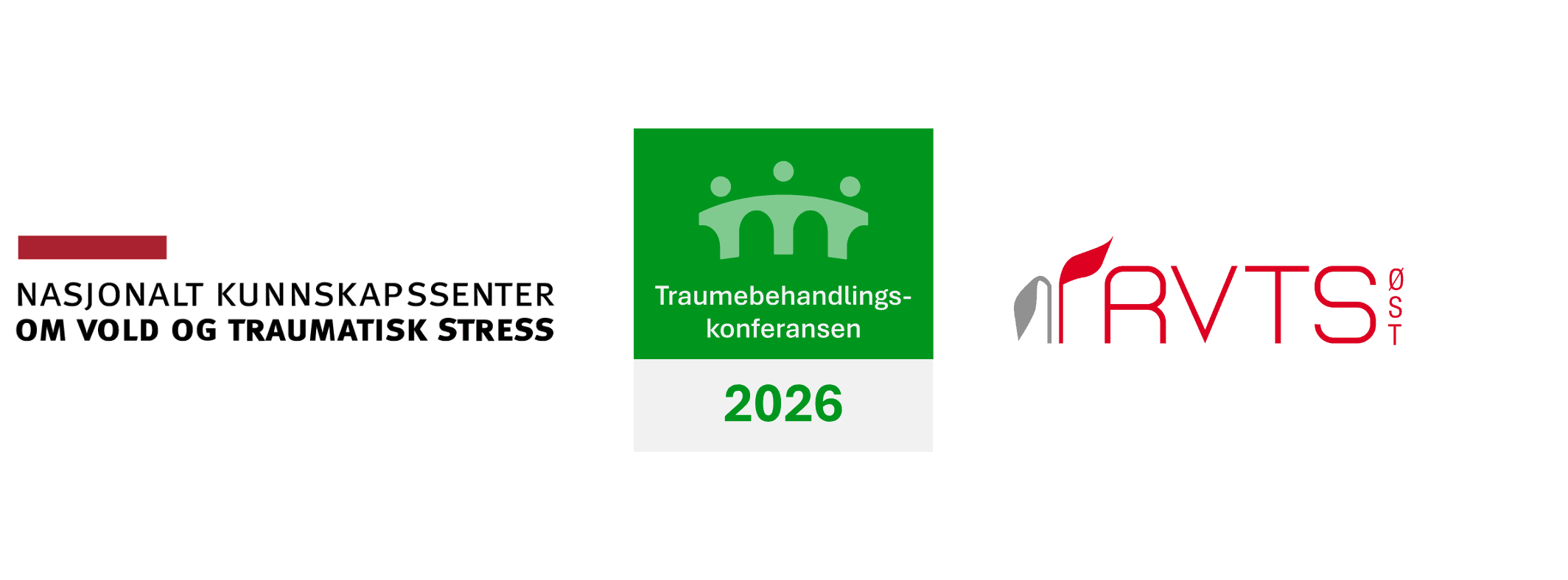 Tre logoer: den til venstre er for Nasjonalt kunnskapssenter om vold og traumatisk stress, den i midten er for Traumebehandlingskonferansen 2026, og den til høyre er for RVTS Øst, alle på hvit bakgrunn.