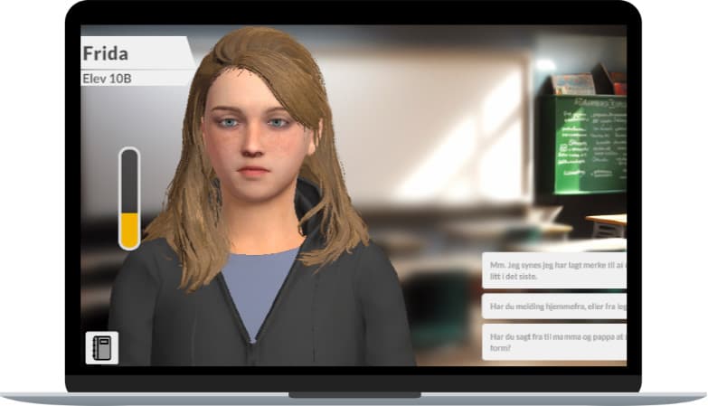 En dataskjerm viser en virtuell simulering med en digital karakter ved navn Frida, merket Elev 10B. Bakgrunnen ligner et klasserom, og dialogalternativer vises til høyre for karakteren.