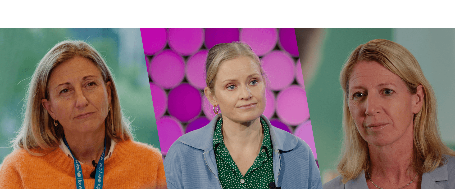 Tre kvinner vises i hver sin ramme: den første har på seg en oransje genser og et nøkkelbånd, den andre en grønn skjorte med en blå jakke foran rosa sirkler, og den tredje en lyseblå blazer; alle ser tankefulle ut.