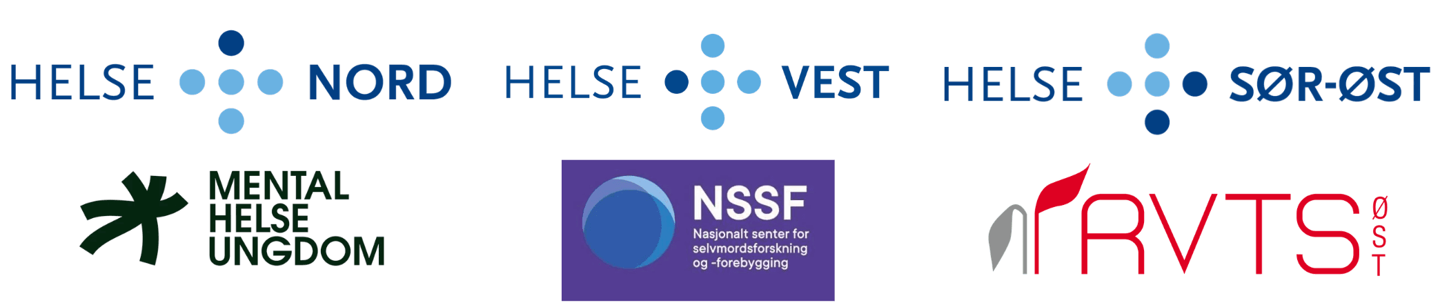 Logoene til Helse Nord, Helse Vest, Helse Sør-Øst, Mental Helse Ungdom, NSSF og RVTS Øst – organisasjoner knyttet til psykisk helse og helsetjenester i Norge.